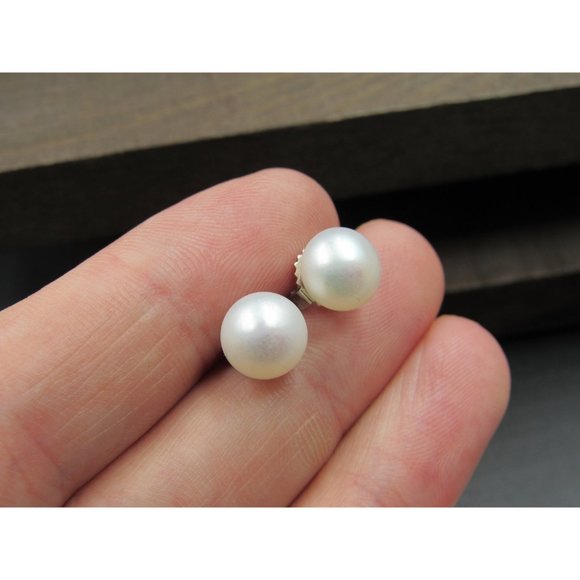 Sterling Silver White Pearl Simple Stud Earrings Vintage Wedding Engagement - Picture 2 of 6